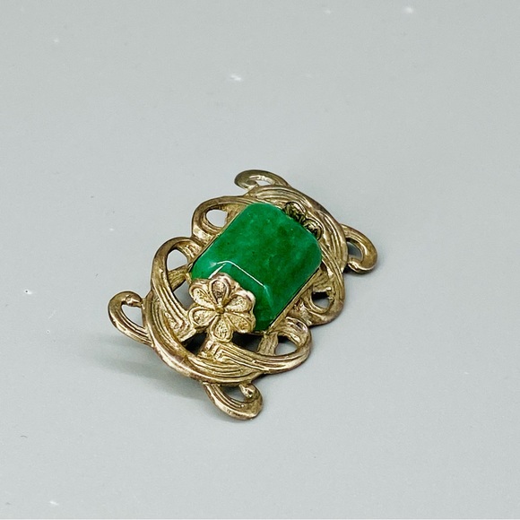 Vintage Art Nouveau Sterling Silver Pin Chrysoprase Stone - Picture 3 of 16